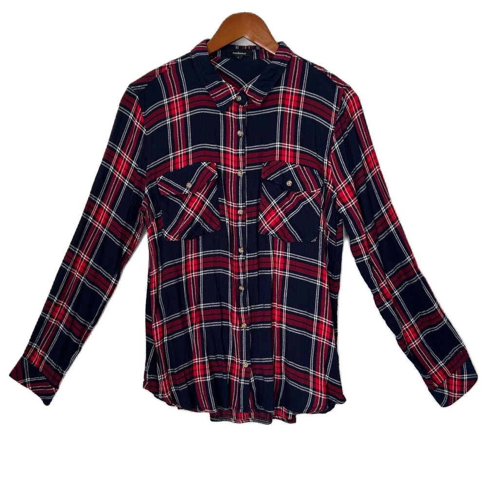 Ambiance Button Up Shirt Women L Red Navy Plaid Flannel Pockets Roll Tab Comfy